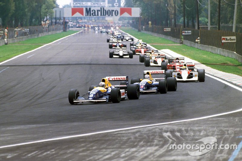 Riccardo Patrese, Williams FW14 Renault, Nigel Mansell, Williams FW14 Renault, y Ayrton Senna, McLaren MP4-6 Honda