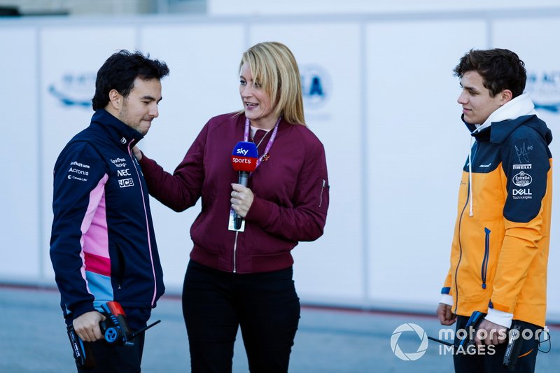 Sergio Perez, Racing Point, and Lando Norris, McLaren, play with radio controlled cars for Sky presenter Rachel Brookes