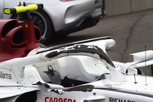 Damaged halo on the crashed car of race retiree Charles Leclerc, Sauber C37