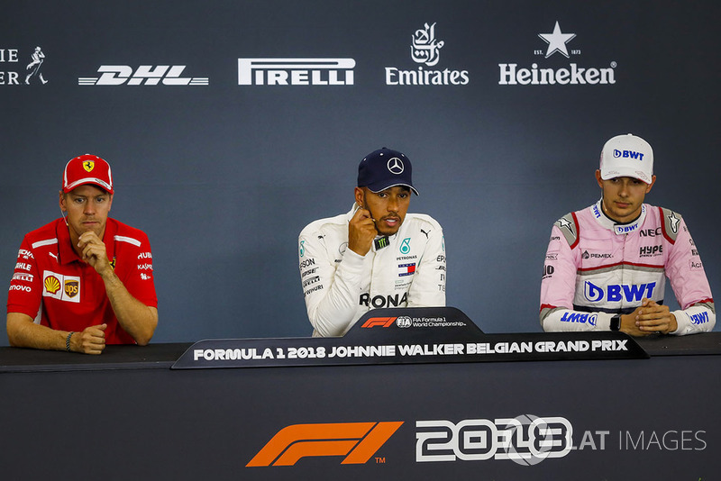 Sebastian Vettel, Ferrari, Lewis Hamilton, Mercedes AMG F1 and Esteban Ocon, Racing Point Force India F1 Team, en conférence de presse