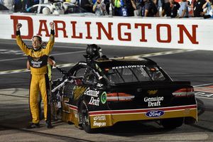 Brad Keselowski, Team Penske, Ford Fusion Miller Genuine Draft celebrates his win