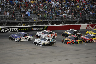 Denny Hamlin, Joe Gibbs Racing, Toyota Camry FedEx Throwback Toyota Camry, Kyle Larson, Chip Ganassi Racing, Chevrolet Camaro DC Solar, Alex Bowman, Hendrick Motorsports, Chevrolet Camaro LLumar, and Martin Truex Jr., Furniture Row Racing, Toyota Camry Bass Pro Shops/5-hour ENERGY