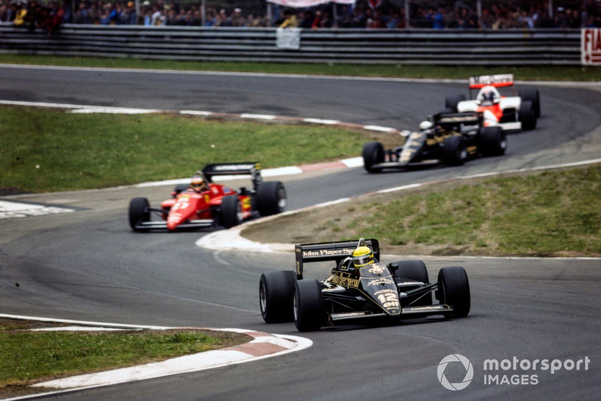 Ayrton Senna, Lotus 97T Renault leads Michele Alboreto, Ferrari 156/85