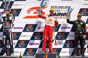 Race winner Scott McLaughlin, DJR Team Penske, second place Jamie Whincup, Triple Eight Race Engineering Holden, third place Cameron Waters, Tickford Racing