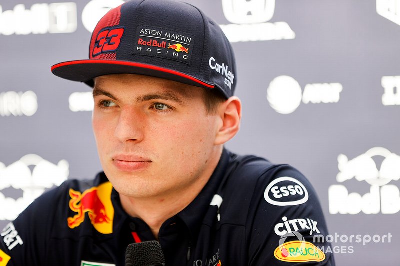 Max Verstappen, Red Bull Racing, talks to the press 