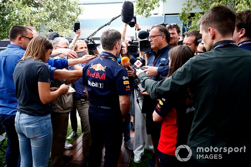 Christian Horner, Team Principal, Red Bull Racing talks to the press