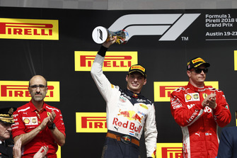 Carlos Santi, Race Engineer, Ferrari, Max Verstappen, Red Bull Racing, 2nd position, with his trophy, and Kimi Raikkonen, Ferrari, 1st position, on the podium
