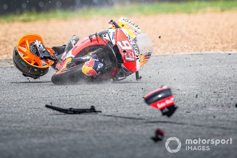 Bike of Marc Marquez, Repsol Honda Team, crashes