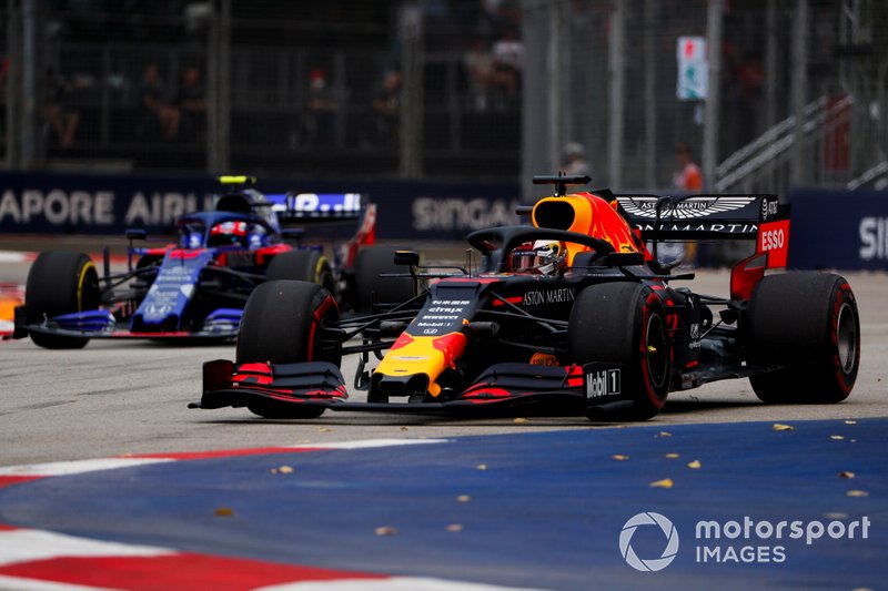 Max Verstappen, Red Bull Racing RB15 and Pierre Gasly, Toro Rosso STR14 