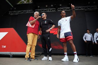 Valtteri Bottas, Mercedes AMG F1 and Lewis Hamilton, Mercedes AMG F1 on stage in the fan zone