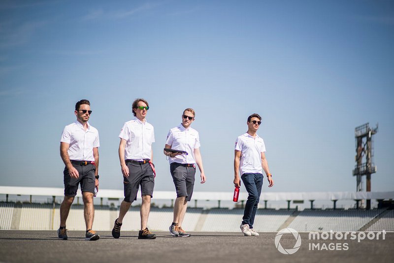 Lando Norris, McLaren walks the track with his mechanics