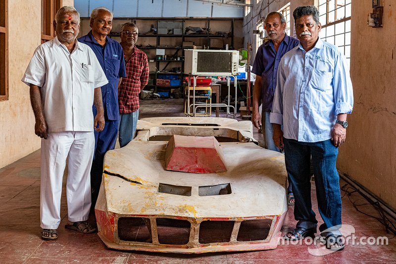 The mechanics who worked closely with Karivardhan pose with the fiber glass body of Kari's Formula Indian car - R Kumar, Veeran, Manohar, PK Kumar, Chandran