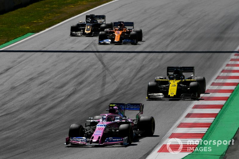 Lance Stroll, Racing Point RP19, Daniel Ricciardo, Renault F1 Team R.S.19, Carlos Sainz Jr., McLaren MCL34, y Romain Grosjean, Haas F1 Team VF-19
