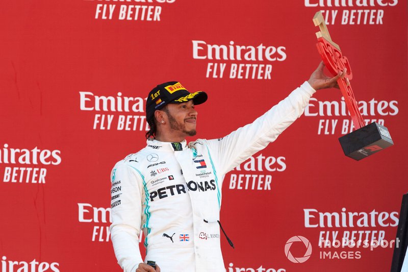 Lewis Hamilton, Mercedes AMG F1, 1st position, with his trophy