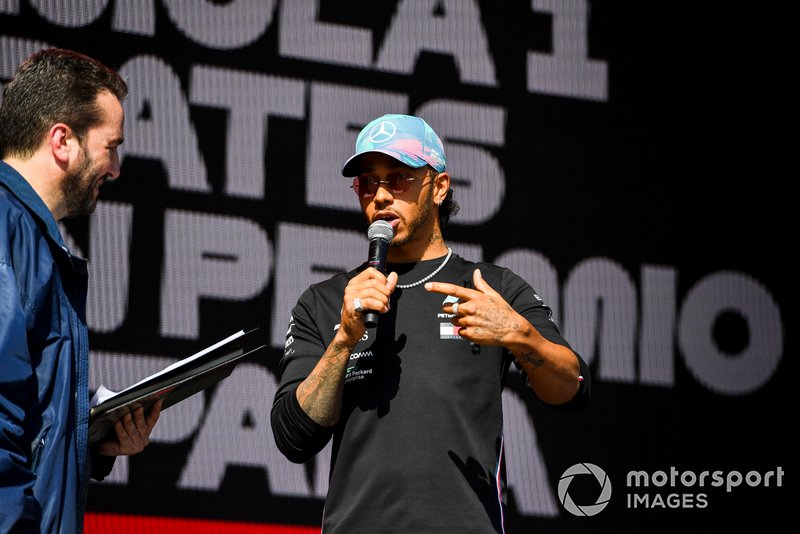 Lewis Hamilton, Mercedes AMG F1 on stage at the Fan Zone