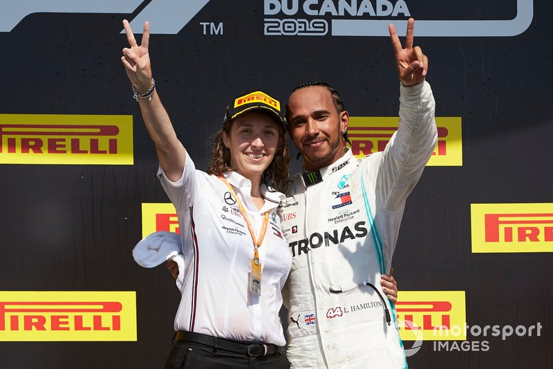 Lewis Hamilton, Mercedes AMG F1, 1st position, celebrates with his team mate on the podium