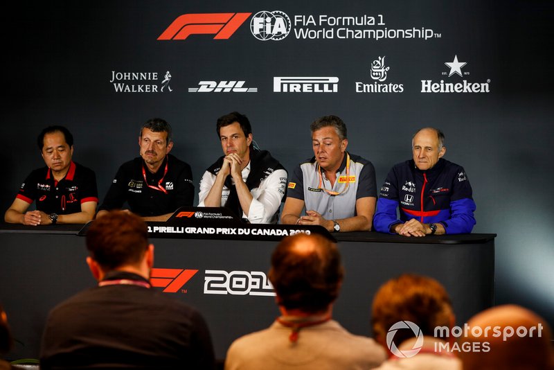 Toyoharu Tanabe, F1 Technical Director, Honda, Guenther Steiner, Team Principal, Haas F1, Toto Wolff, Executive Director (Business), Mercedes AMG, Mario Isola, Racing Manager, Pirelli Motorsport, and Franz Tost, Team Principal, Toro Rosso, in the Team Principals Press Conference