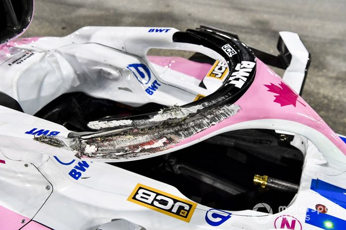 The damaged car of Lance Stroll, Racing Point RP20, after a crash with Daniil Kvyat, AlphaTauri AT01, resulted in the car overturning