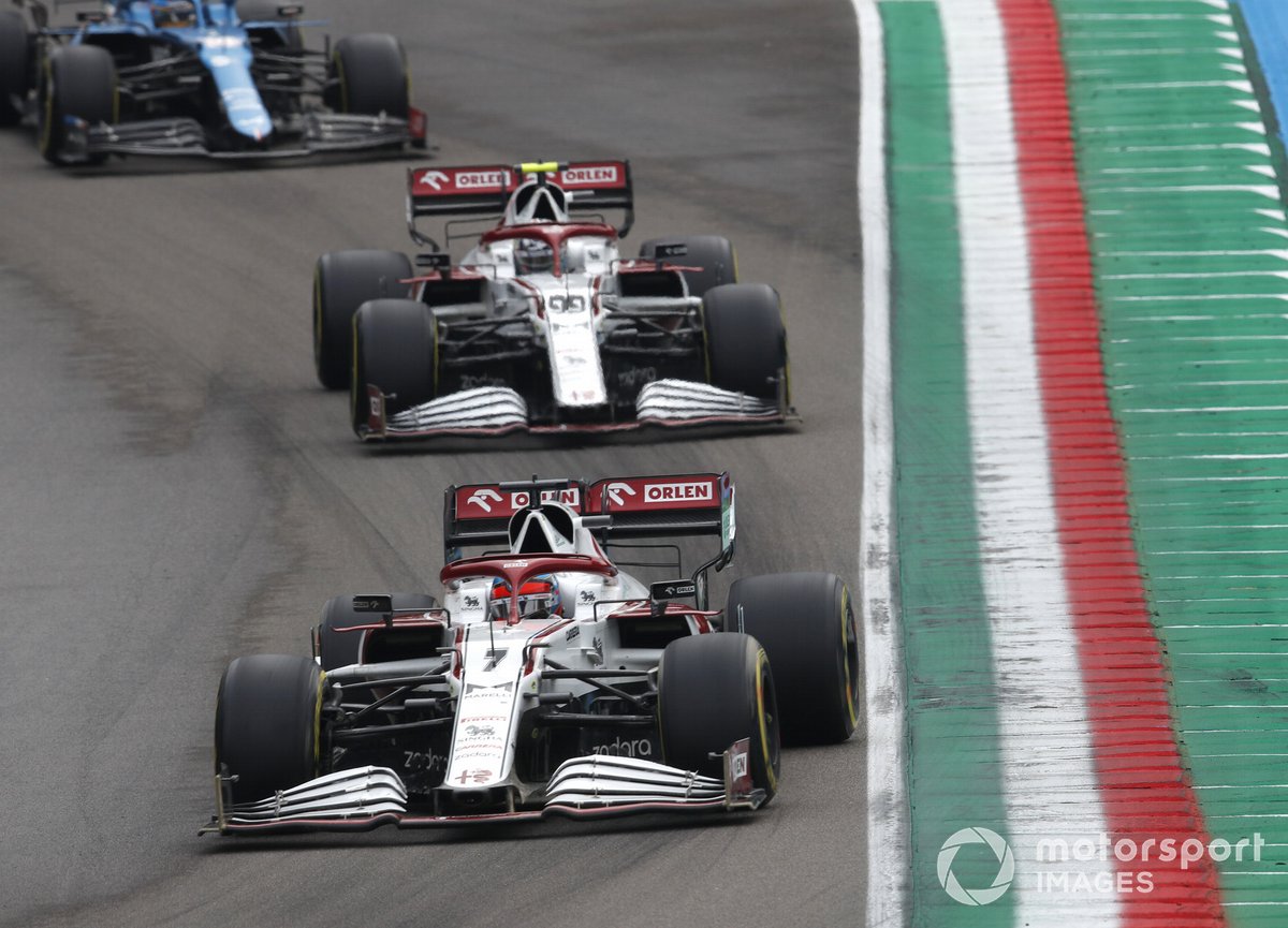 Kimi Raikkonen, Alfa Romeo Racing C41, Antonio Giovinazzi, Alfa Romeo Racing C41, and Fernando Alonso, Alpine A521