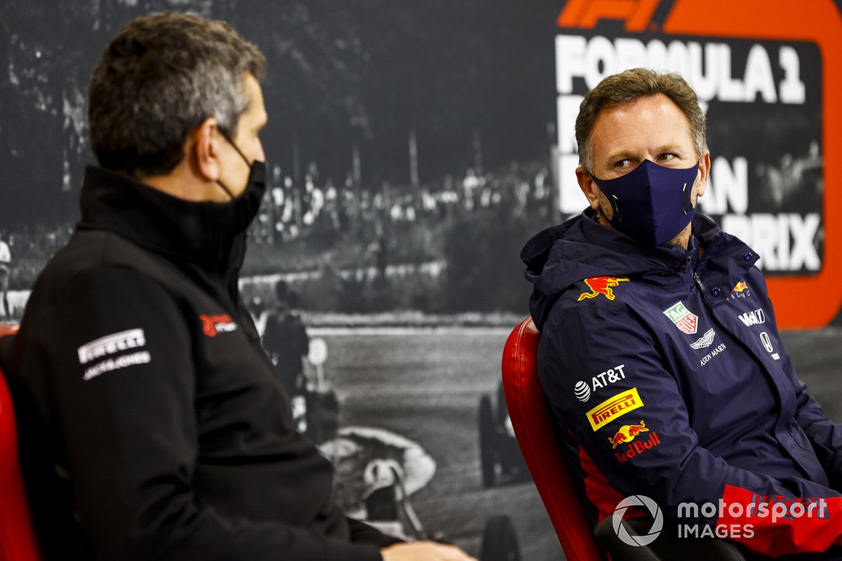 Guenther Steiner, Team Principal, Haas F1 et Christian Horner, Team Principal, Red Bull Racing en conférence de presse