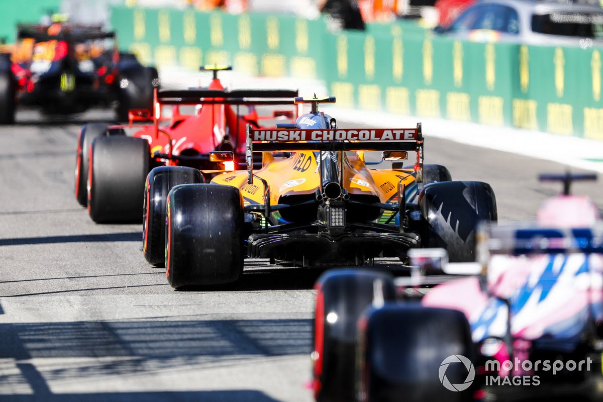 Charles Leclerc, Ferrari SF1000, Lando Norris, McLaren MCL35, and Sergio Perez, Racing Point RP20