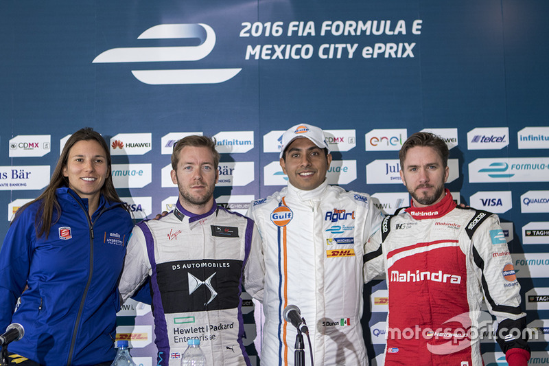 Simona de Silvestro, Amlin Andretti Formula E,Sam Bird, DS Virgin Racing Formula E Team, Salvador Durán, Team Aguri y Nick Heidfeld, Mahindra Racing durante la conferencia de prensa de la Fórmula E