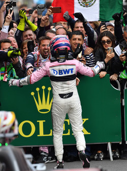Sergio Perez, Force India celebrates in parc ferme