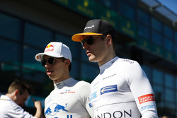 Pierre Gasly, Toro Rosso, and Stoffel Vandoorne, McLaren, at the drivers parade