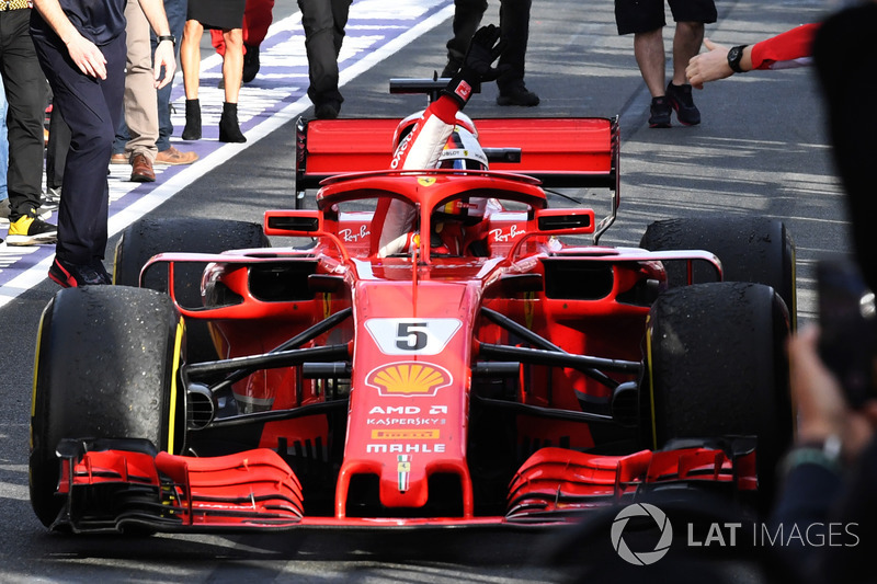 Race winner Sebastian Vettel, Ferrari SF71H celebrates in parc ferme