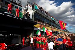 Lewis Hamilton, Mercedes-AMG F1, Sebastian Vettel, Ferrari and Kimi Raikkonen, Ferrari celebrate on 