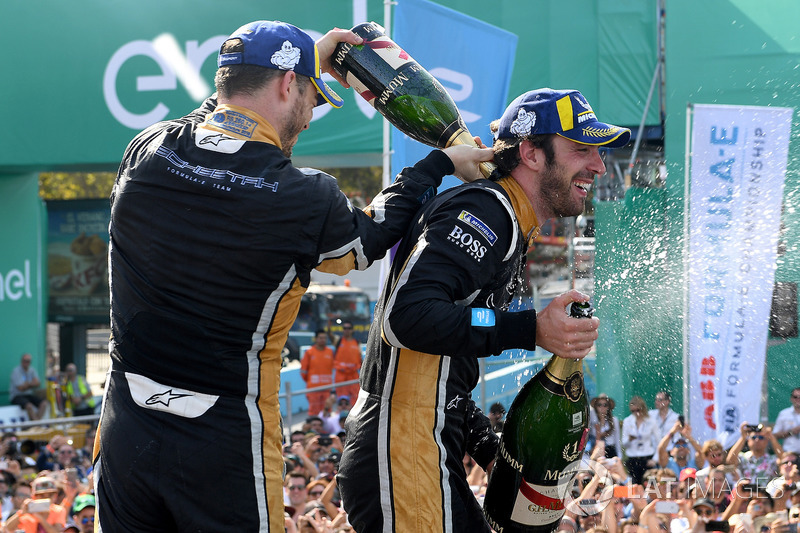 Andre Lotterer, Techeetah, Jean-Eric Vergne, Techeetah, spray the champagne on the podium