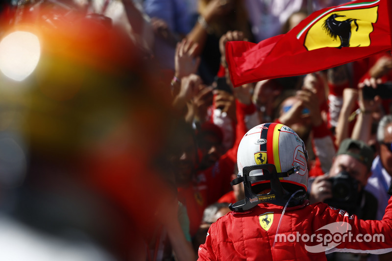 Sebastian Vettel, Ferrari, celebrates in Parc Ferme