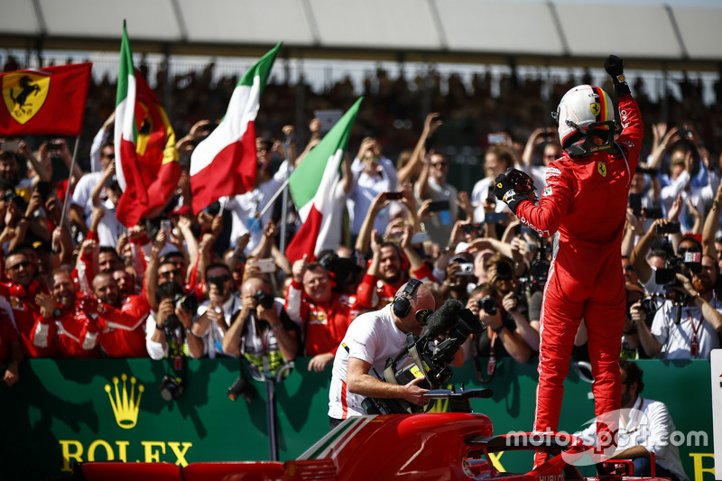 Sebastian Vettel, Ferrari, celebrates in Parc Ferme