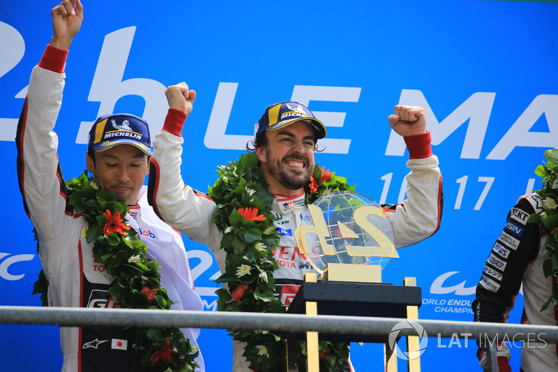Overall podium: winners Kazuki Nakajima, Fernando Alonso, Toyota Gazoo Racing