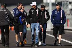 Esteban Ocon, Force India, conducts a track walk with colleagues