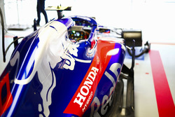 The car of Pierre Gasly, Toro Rosso STR13 Honda, in the garage