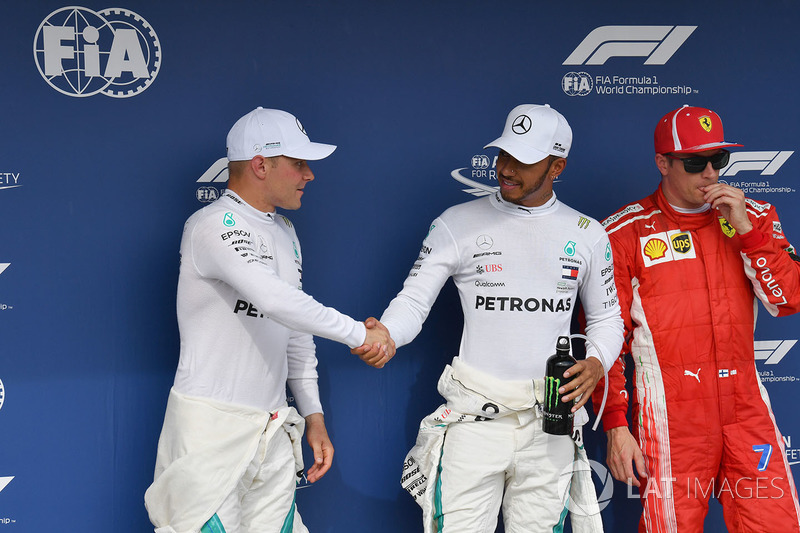 Valtteri Bottas, Mercedes-AMG F1, Lewis Hamilton, Mercedes-AMG F1 and Kimi Raikkonen, Ferrari celebrate in parc ferme