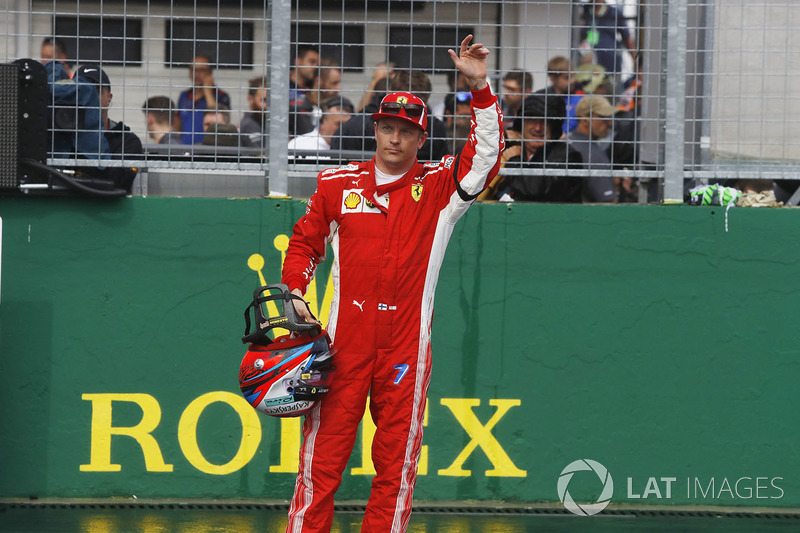 Third place Kimi Raikkonen, Ferrari celebrates in parc ferme
