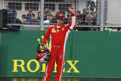 Third place Kimi Raikkonen, Ferrari celebrates in parc ferme