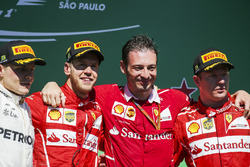 Second place Valtteri Bottas, Mercedes AMG F1, Race winner Sebastian Vettel, Ferrari, Giuseppe Vieti