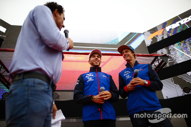 Pierre Gasly, Toro Rosso, and Brendon Hartley, Toro Rosso, are interviewed on stage