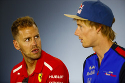 Sebastian Vettel, Ferrari, and Brendon Hartley, Toro Rosso, in the Press conference