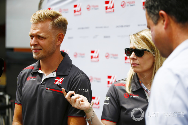 Kevin Magnussen, Haas F1 Team, talks to the media, including Ted Kravitz of Sky