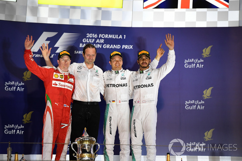 Podium: second place Kimi Raikkonen, Ferrari, Aldo Costa, Mercedes AMG F1 Engineering Director, Race winner Nico Rosberg, Mercedes AMG F1, third place Lewis Hamilton, Mercedes AMG F1