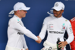 Valtteri Bottas, Mercedes-AMG F1, Lewis Hamilton, Mercedes-AMG F1 and Kimi Raikkonen, Ferrari celebrate in parc ferme
