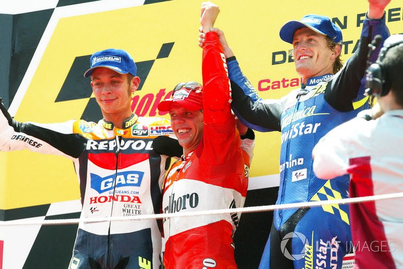 Podio: Loris Capirossi, Ducati Team, Valentino Rossi, Yamaha Factory Racing, Sete Gibernau, Honda