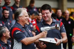 Wheel gun trophy presented by Gene Haas, Team Owner, Haas F1 Team
