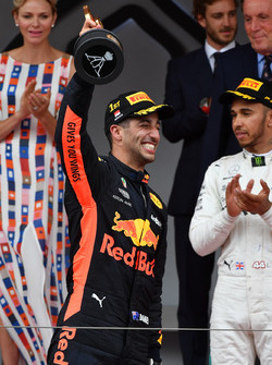 Race winner Daniel Ricciardo, Red Bull Racing RB14 takes celebrates on the podium with the trophy