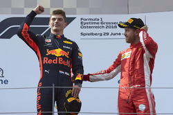 Max Verstappen, Red Bull Racing, 1st position, and Sebastian Vettel, Ferrari, 3rd position, celebrate on the podium