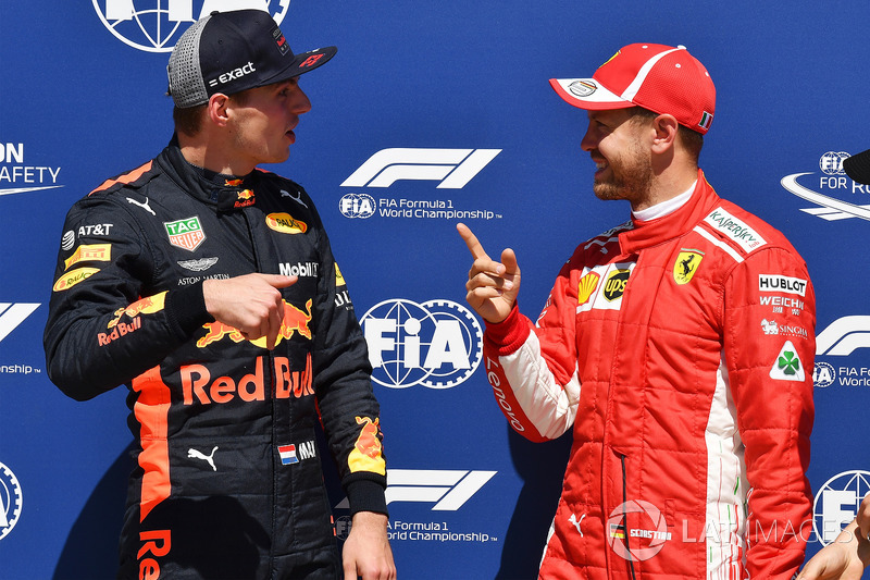 Max Verstappen, Red Bull Racing and Sebastian Vettel, Ferrari in parc ferme